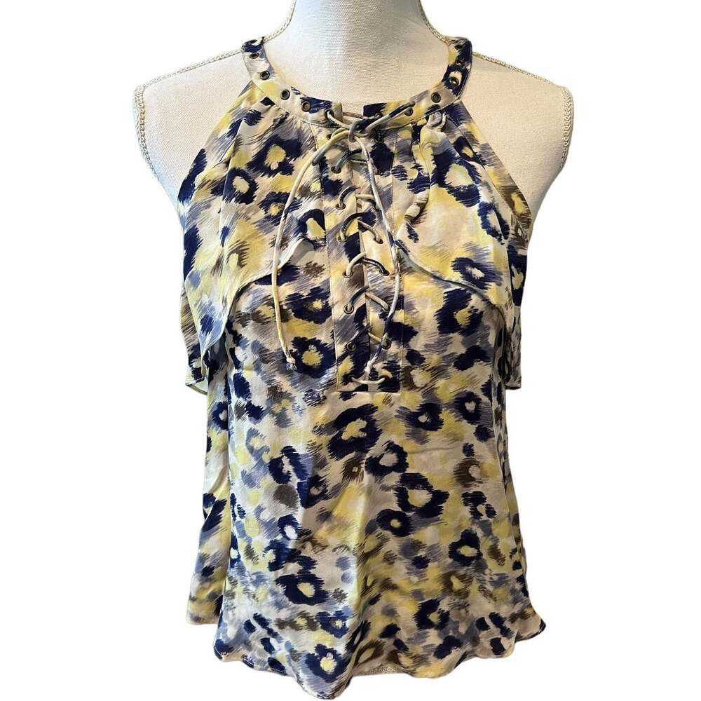 Parker Silk Flower Detail Riveted Halter top Blue Yellow XS